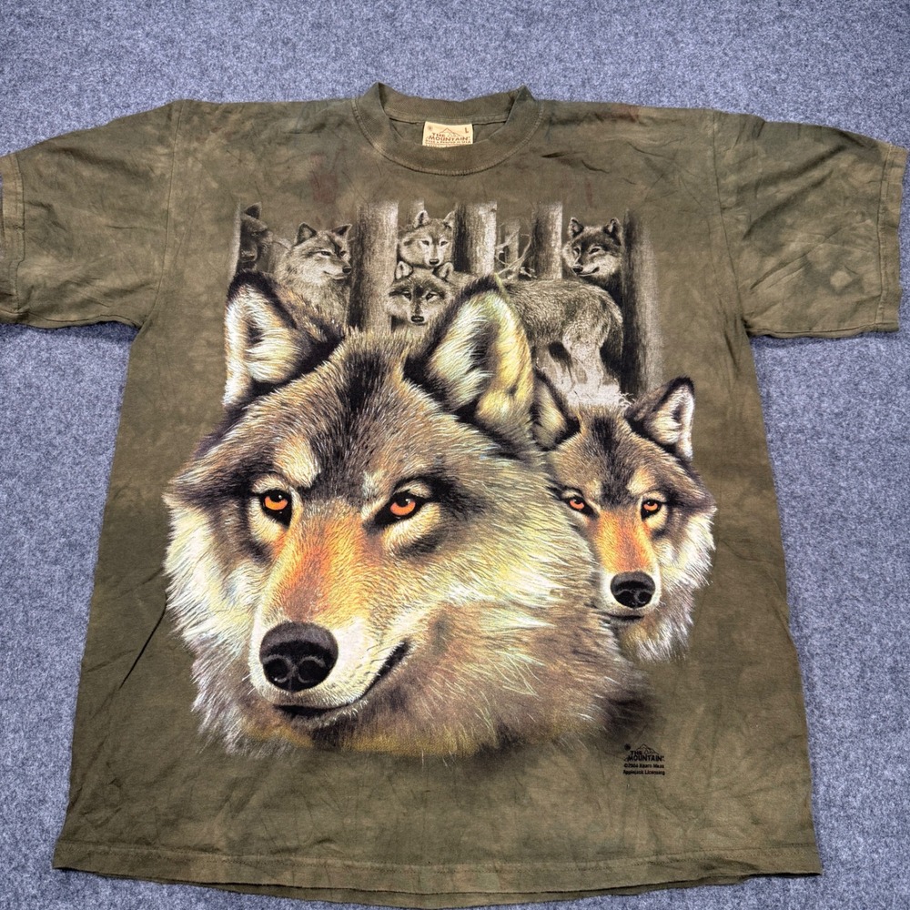 Vintage 2004 The Mountain Wolf Graphic T-Shirt Olive Tie Dye Mens Large
